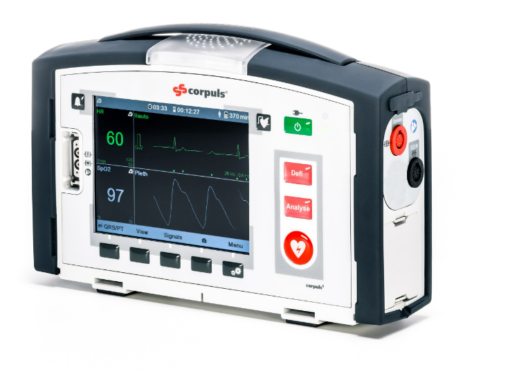 Corpuls1 defibrillator/pacemaker with transcutaneous pacing, featuring a CPR quality assessment feedback option and SpO₂ pulse oximetry (Germany)