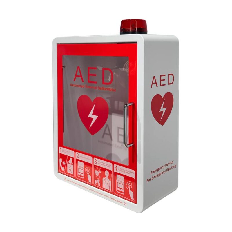 Metal wall-mounted cabinet with an alarm system for the Amoul AED defibrillator